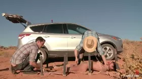 In the desert, the submissive woman is completely humiliated