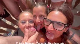 Ava Moore et quatre copines prennent un bukkake géant sur une plage