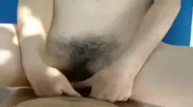 Emptying her balls and pouring semen on her hairy pussy